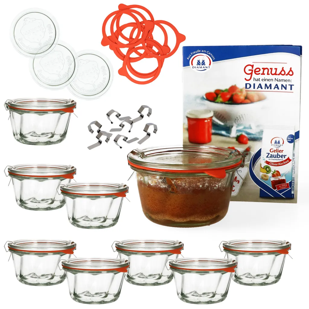 9er Set WECK 9x Gugelhupf Glas-Form 280 Ml + 9x Einmach-Zubehör + Rezeptheft