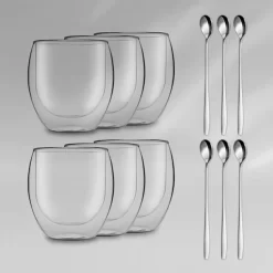 DUOS 6X 410ml Jumbo Doppelwandige Thermo-Gläser + 6X Edelstahl-LÖFFEL, Für Latte Macchiato, Cocktails, Vorspeisen By Feelino