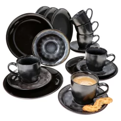 18tlg. Kaffeeservice Reactive Glaze Grey Black Steingut Teller Tasse Schwarz